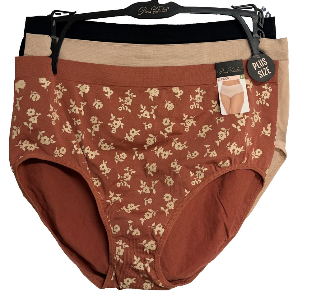 Prima Valentina Seamless Brief Panties Womens 3X Floral Black Beige 3-Pack NEW
